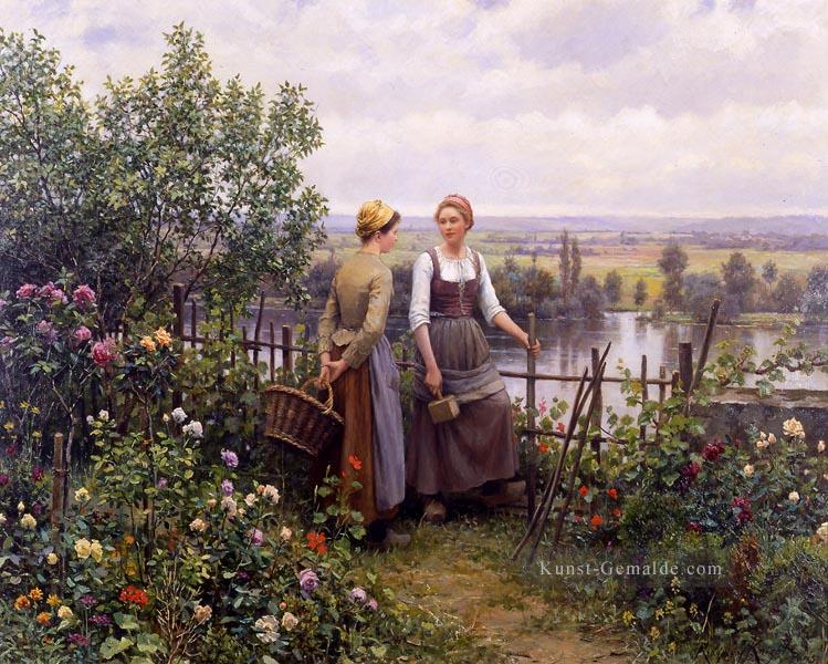 Maria und Madeleine auf der Terrasse Landfrau Daniel Ridgway Ritter Blumen Ölgemälde